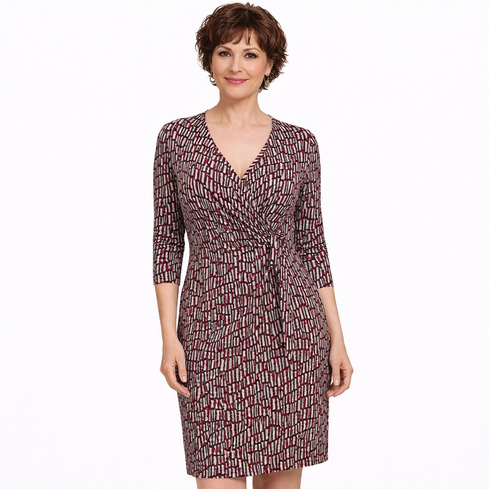 Laundry By Design Red Black White Geometric Print Faux Wrap Dress 3/4 sleeve 12P